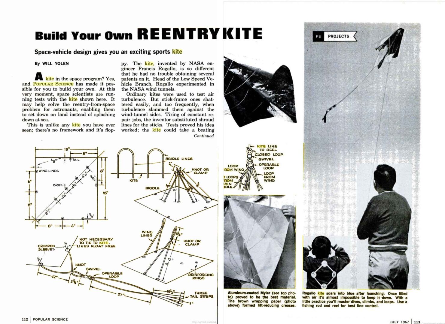 Plans from the July 1967 Popular Science Magazine for building your own Re-entry kite out of mylar.