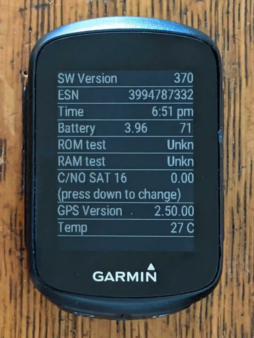 Garmin Edge 130 diagnostic screen after battery replacement